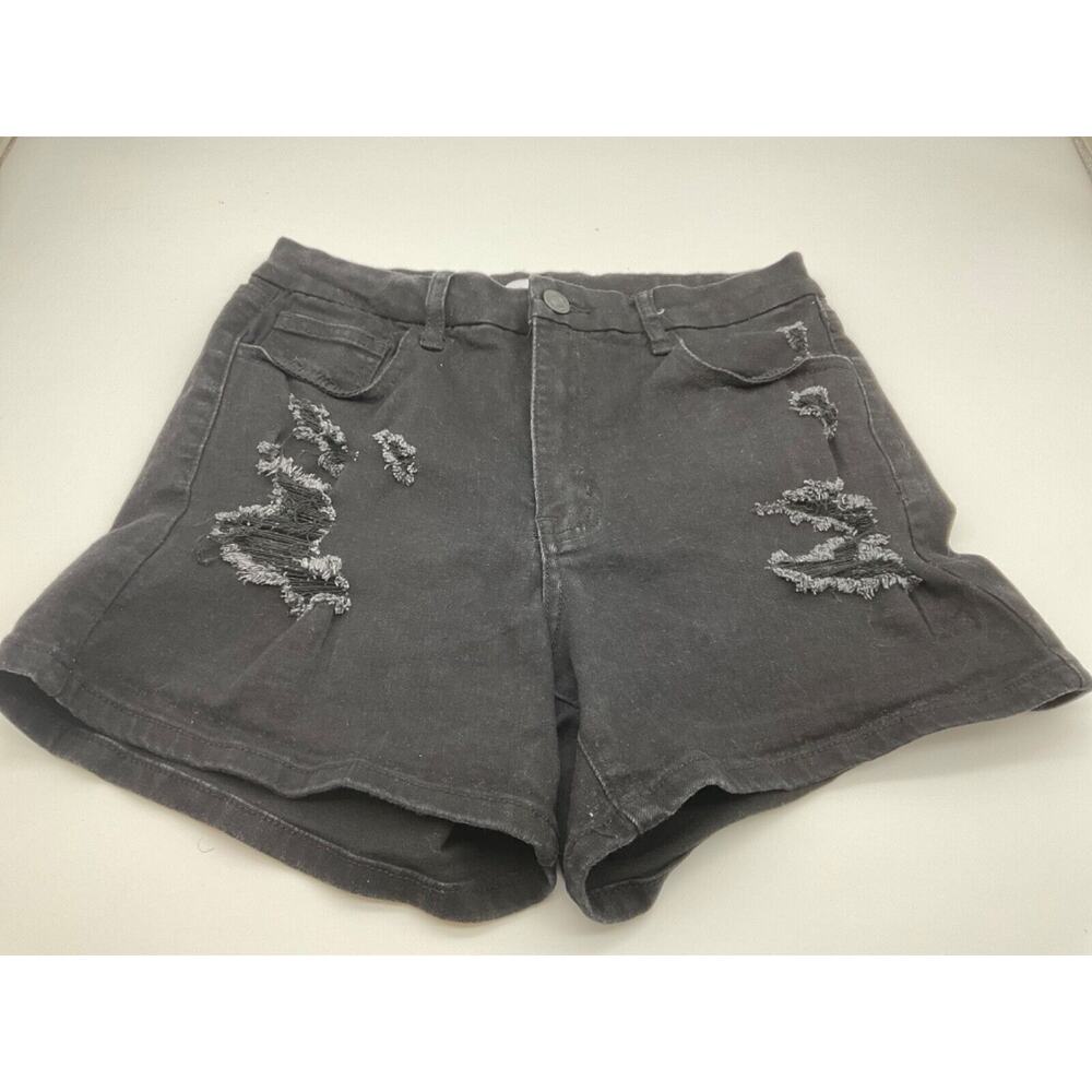 Rue 21 Women's Black Denim Shorts Size‎ 10, Distressed, 5 Pockets, Zip Fly